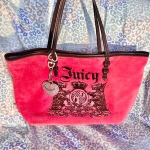 Vintage Pink Juicy Couture Purse Velvet Tote Handbag Heart Charm Scottie Bag Y2K
